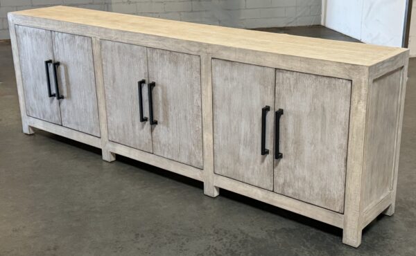 Large wood sideboard media console with iron hardware, side