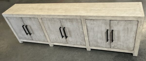 Large wood sideboard media console with iron hardware, top