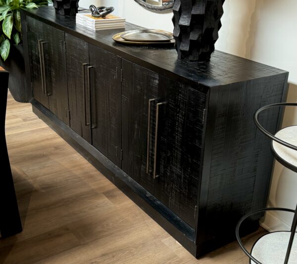 Black 6 door pine wood console with large interior storage space