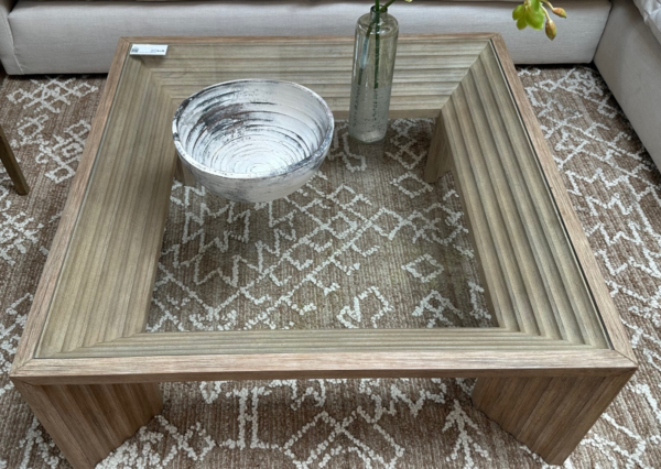 Square wood coffee table with glass top, top