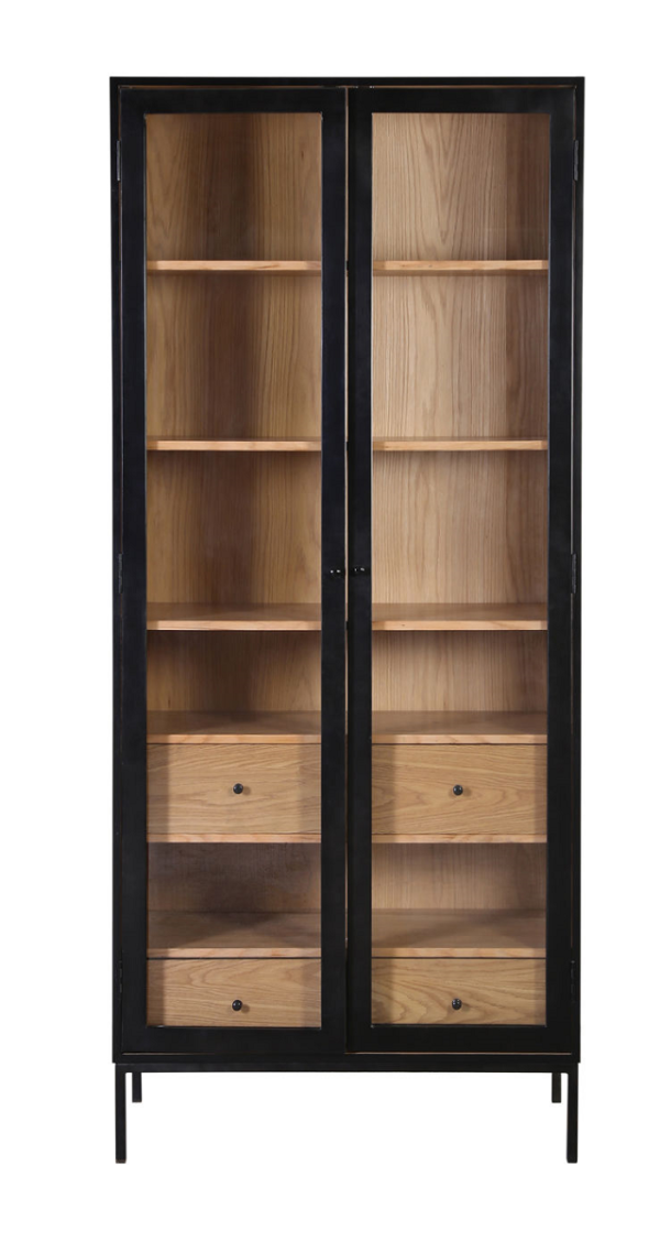 Black and brown tall cabinet with glass doors and drawers, front