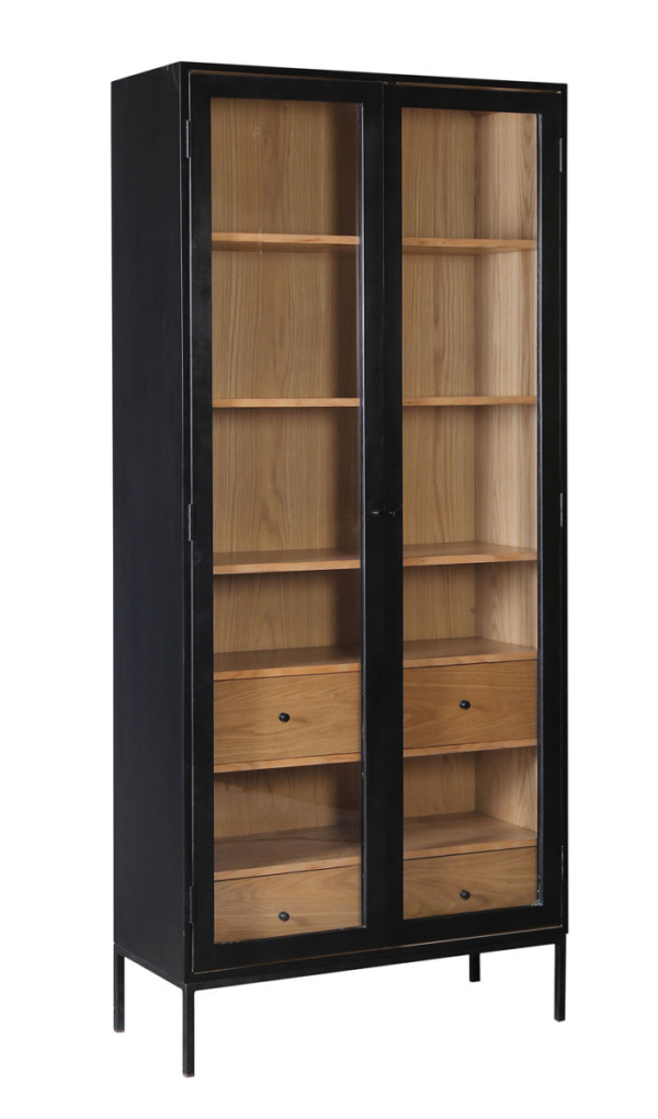 Black and brown tall cabinet with glass doors and drawers