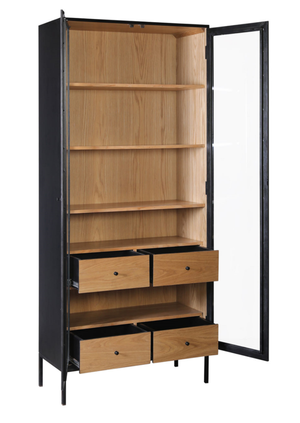 Black and brown tall cabinet with glass doors and drawers, open