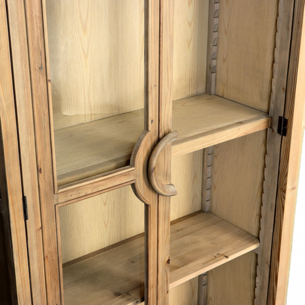 Pine wood tall cabinet with glass doors, detail