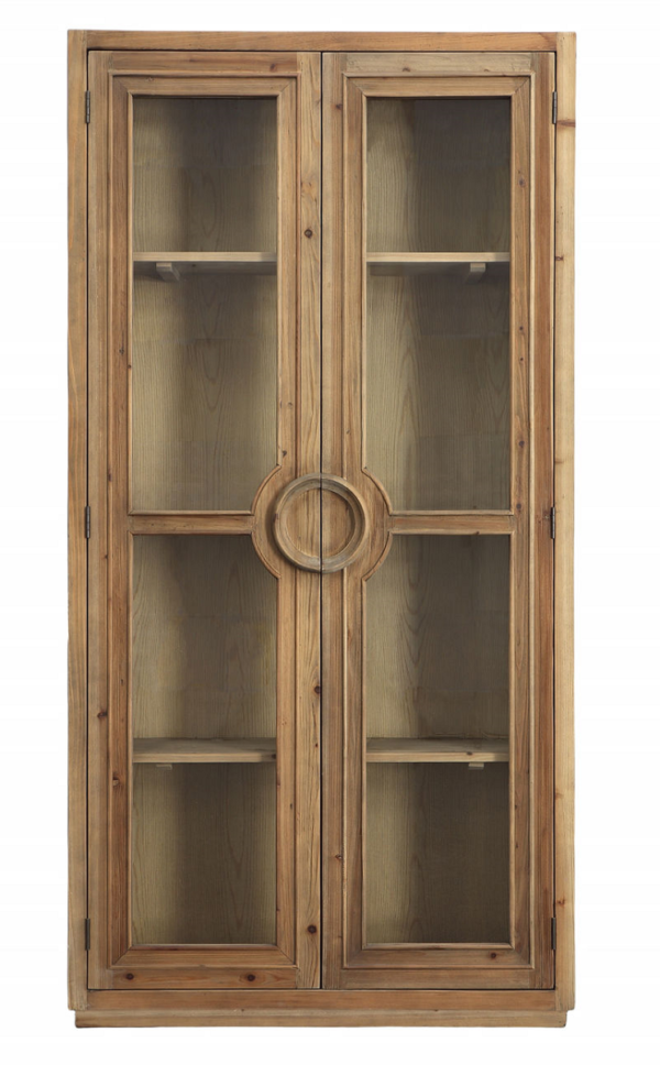 Pine wood tall cabinet with glass doors, front