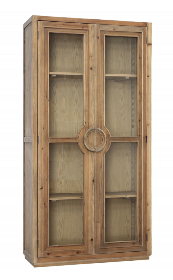 Pine wood tall cabinet with glass doors