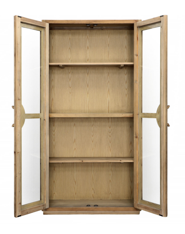 Pine wood tall cabinet with glass doors, open