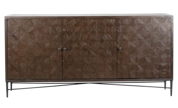 Dark brown media console with carved doors, front