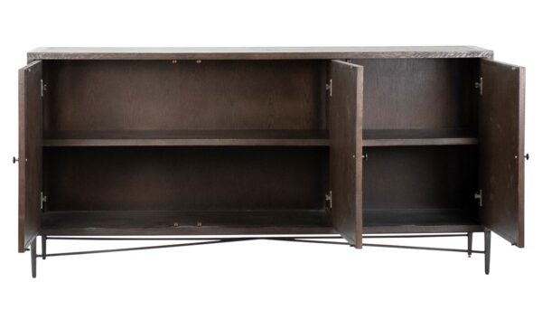 Dark brown media console with carved doors, open