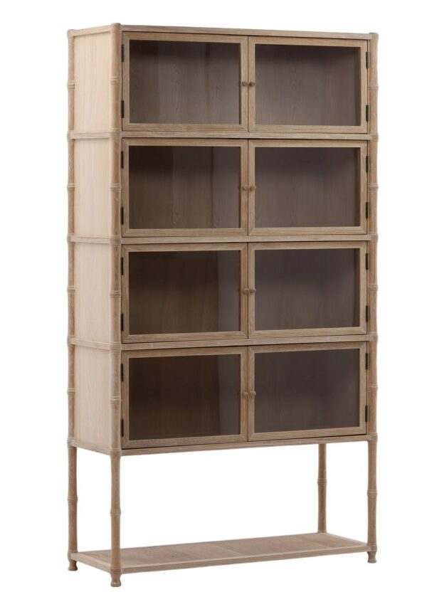 Tall cabinet made of light oak wood with glass doors