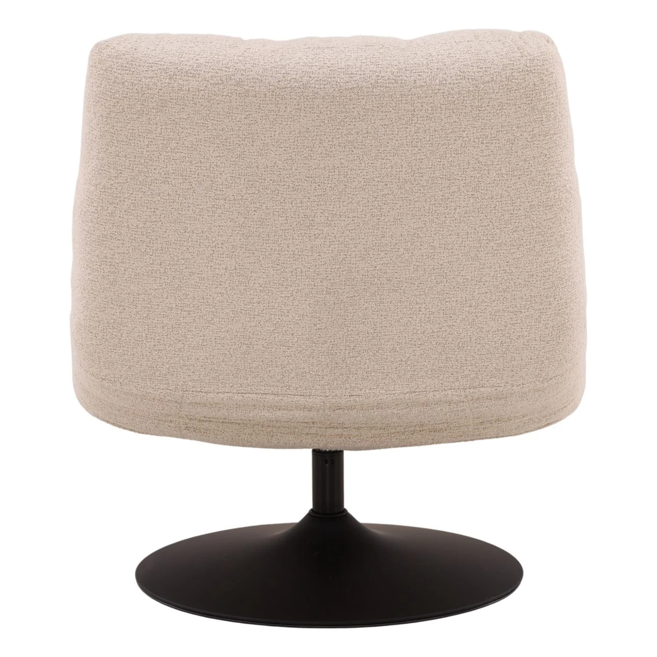 Occasional Swivel chair upholstered in sand chenille fabric with iron frame and wooden armrests. Back view