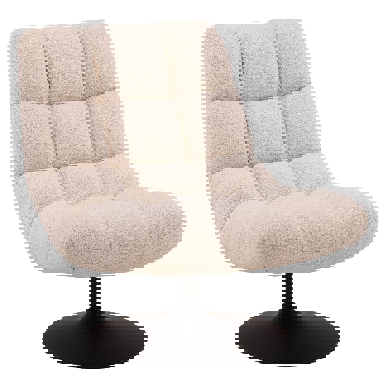 Occasional Swivel chair upholstered in sand chenille fabric with iron frame and wooden armrests. Three quarters view