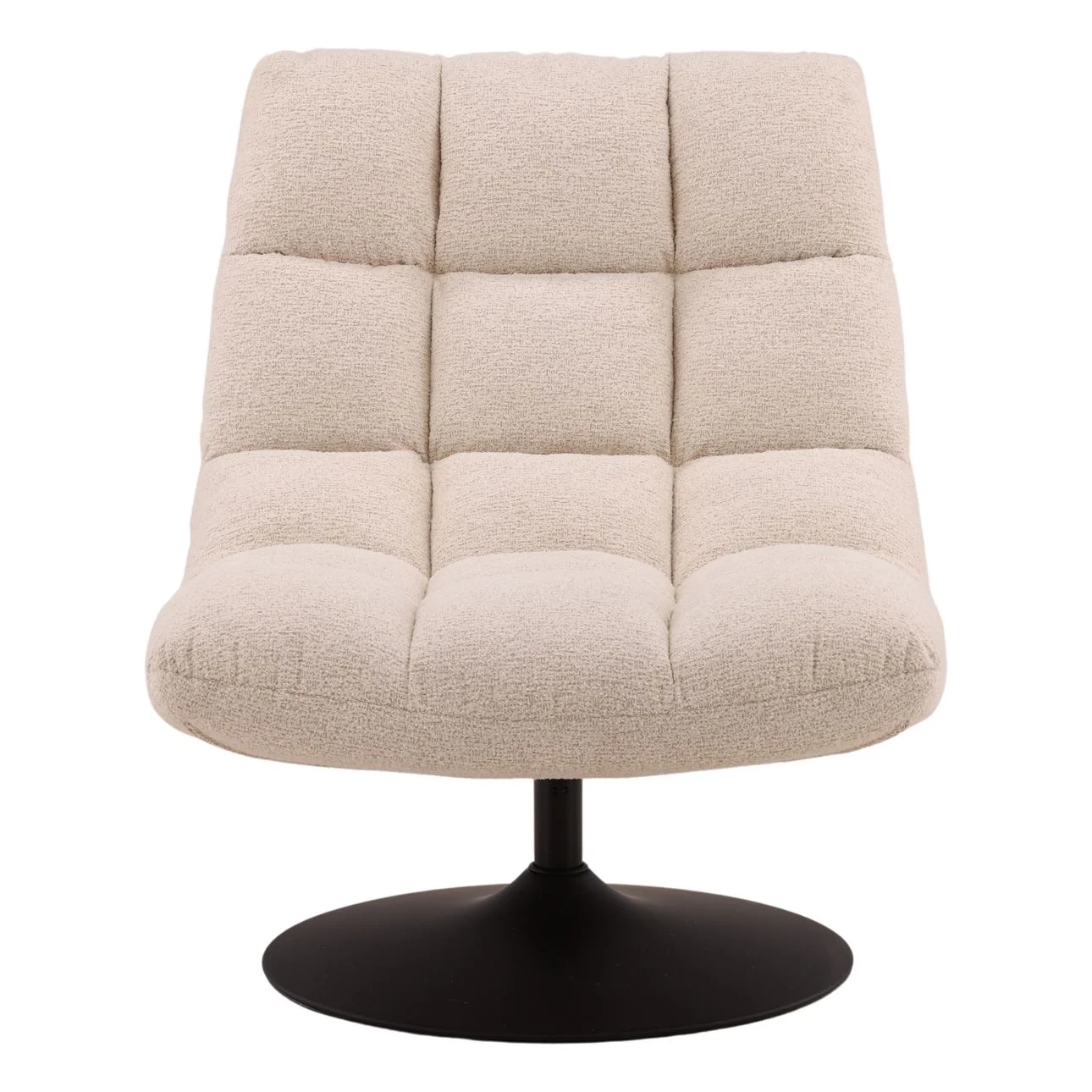 Occasional Swivel chair upholstered in sand chenille fabric with iron frame and wooden armrests. Front View