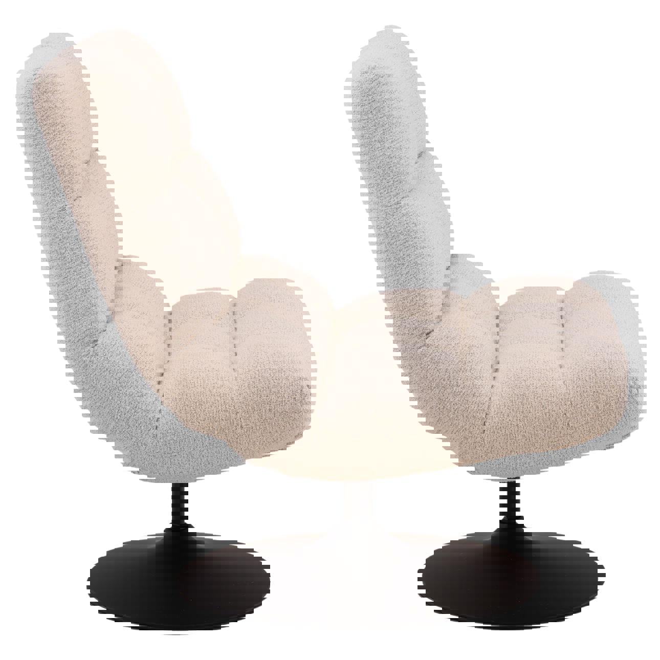 Occasional Swivel chair upholstered in sand chenille fabric with iron frame and wooden armrests. Profile view