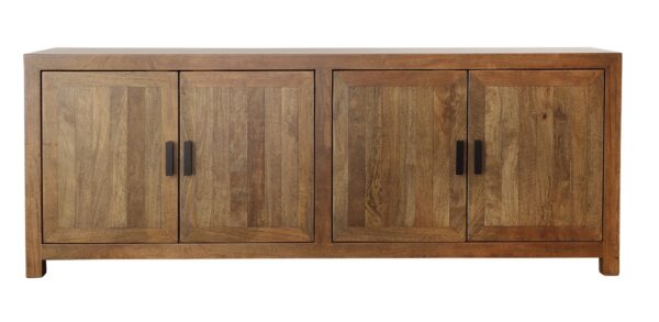 Natural wood media console with 4 doors, front