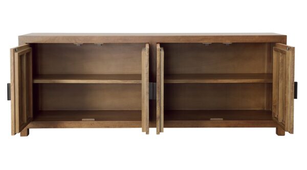 Natural wood media console with 4 doors, open