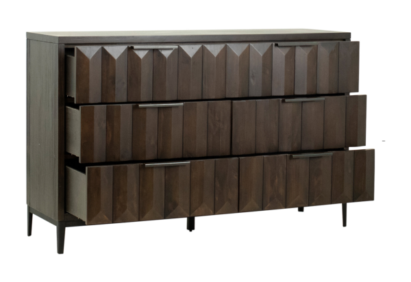 Dark brown dresser with iron base, open