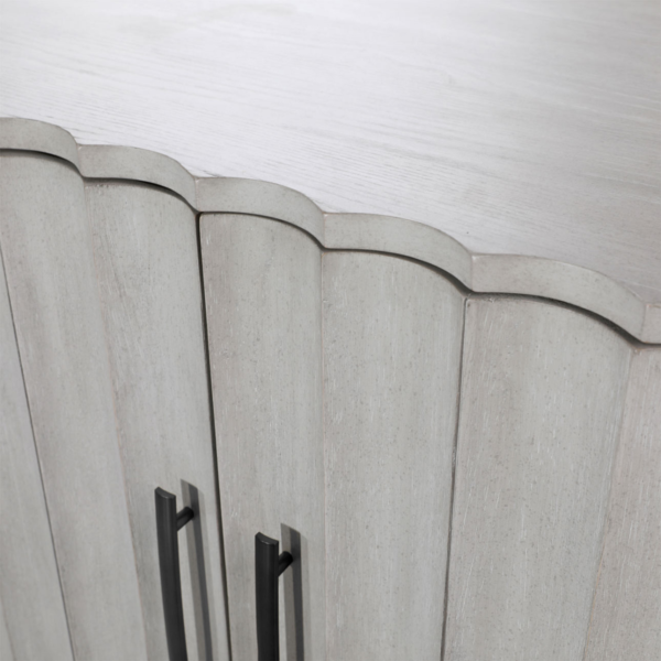 Light grey media console cabinet with fluted design, detail