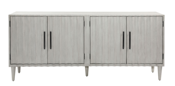 Light grey media console cabinet with fluted design, front