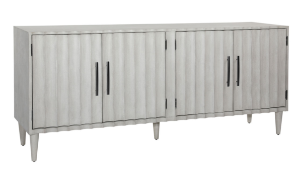 Light grey media console cabinet with fluted design