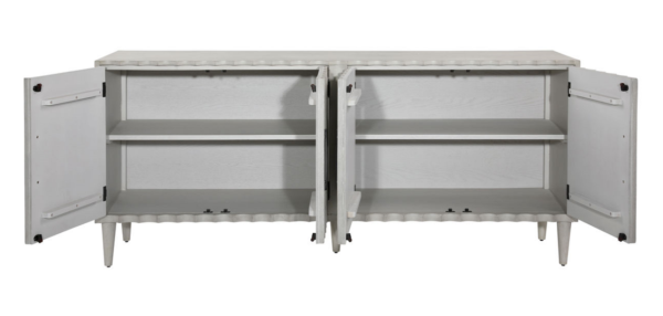 Light grey media console cabinet with fluted design, open