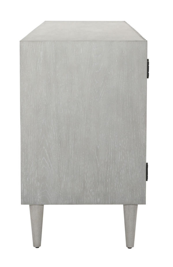 Light grey media console cabinet with fluted design, profile