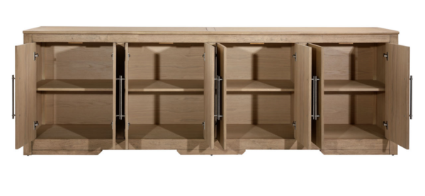 Large natural wood media console cabinet, open
