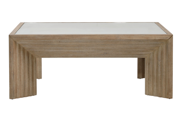 Square wood coffee table with glass top, front