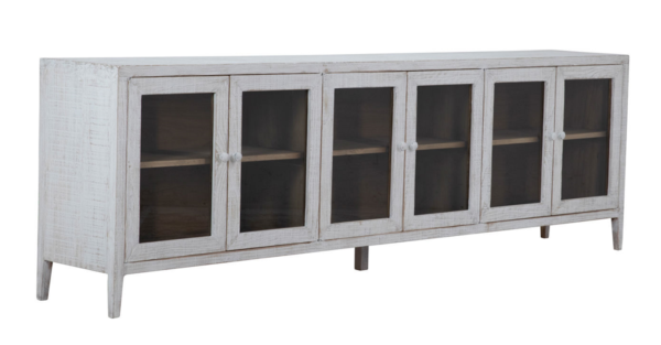 Long white sideboard media console with glass doors