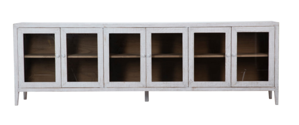 Long white sideboard media console with glass doors, front