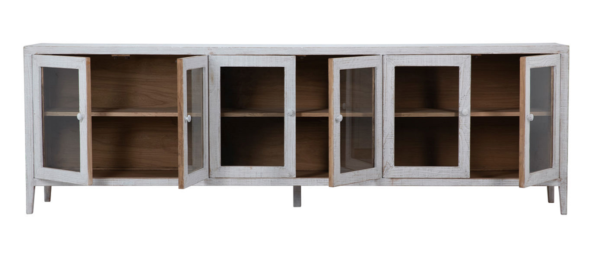 Long white sideboard media console with glass doors, open