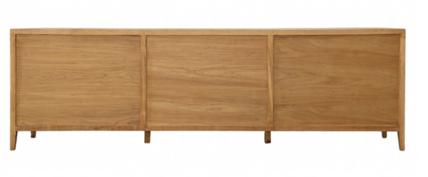 Long media console cabinet with glass doors, back