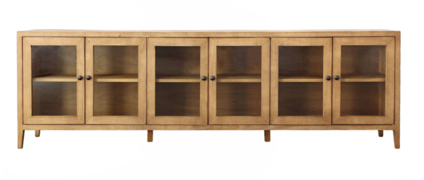 Long media console cabinet with glass doors, front