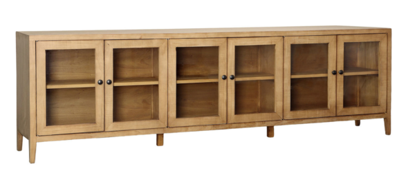 Long media console cabinet with glass doors