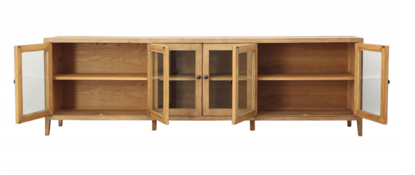 Long media console cabinet with glass doors, open