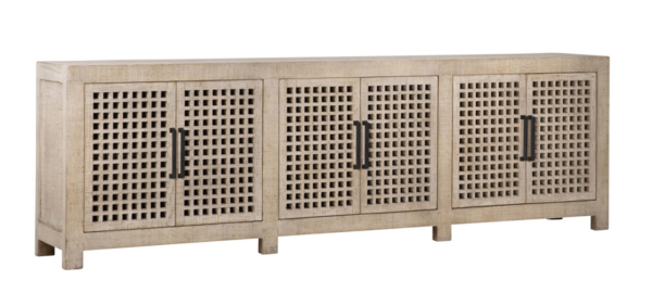 Long natural wood media console with lattice doors
