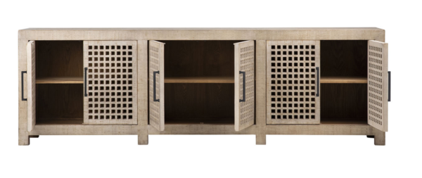 Long natural wood media console with lattice doors, open