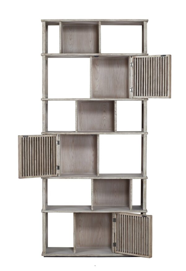 Tall, light grey bookcase with shelves and doors, open