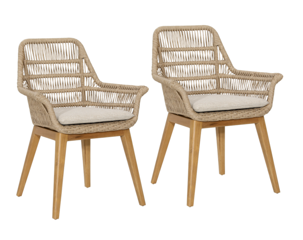 Set of 2 teak and rope outdoor dining chairs