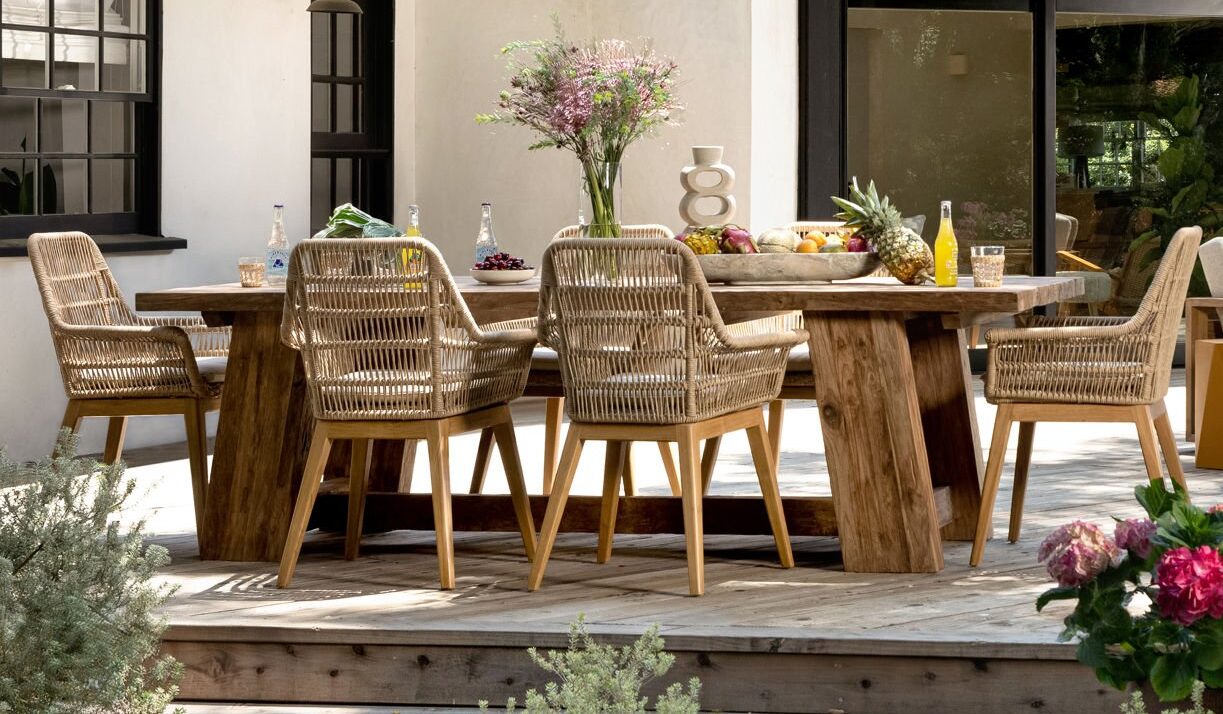 Teak and rope outdoor dining chair, patio setting