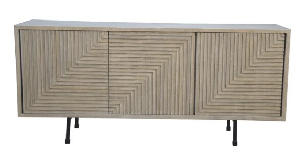 Natural color media console with geometrical design and iron legs, front