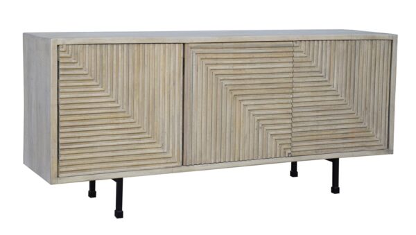 Natural color media console with geometrical design and iron legs