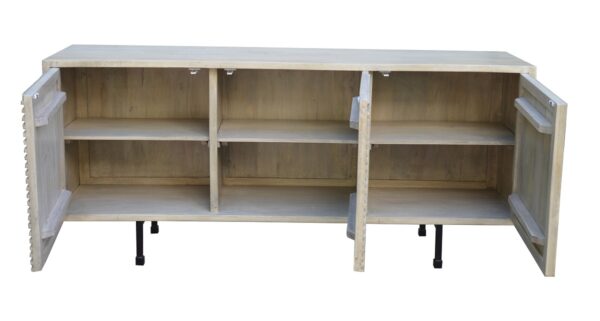 Natural color media console with geometrical design and iron legs, inside