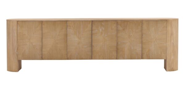 Long sideboard in natural wood color with 6 doors and interior shelves, front