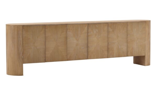 Long sideboard in natural wood color with 6 doors and interior shelves