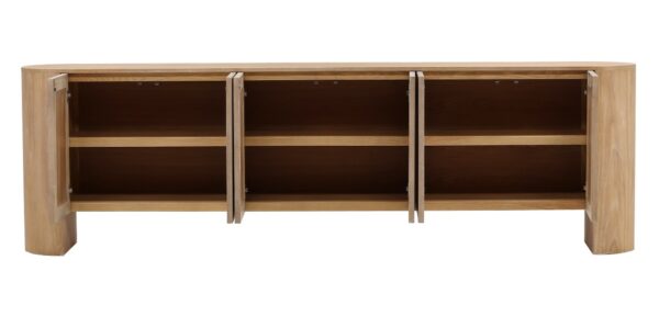 Long sideboard in natural wood color with 6 doors and interior shelves, open