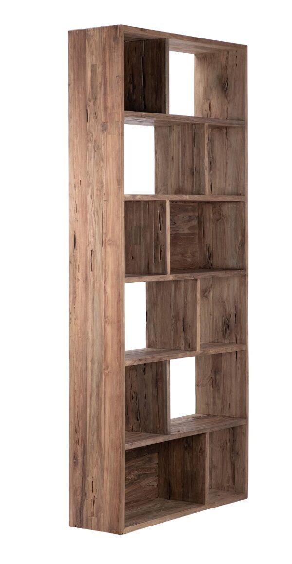 Tall teak bookcase with display cabbies, side view