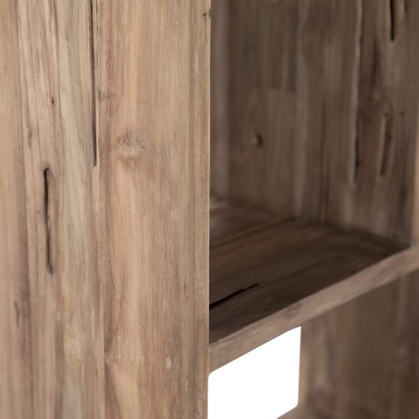 Tall teak bookcase with display cabbies, detail
