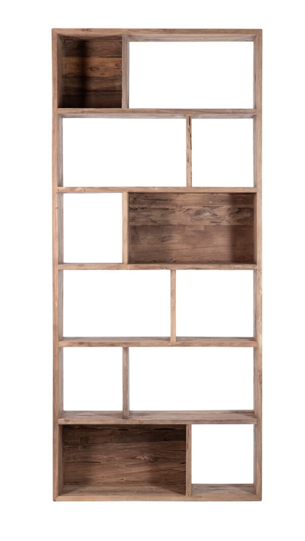 Tall teak bookcase with display cabbies, front