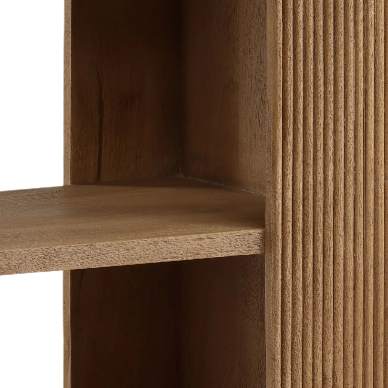 Tall natural wood open bookcase with layered frame detailing and five display shelves, shown in a shelf detail